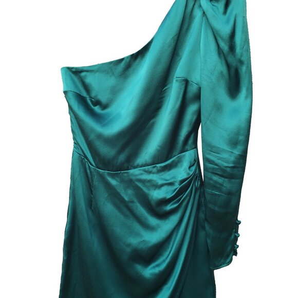 Reformation Hyperion Dress Emerald Silk One Shoulder Long Sleeve Mini 0 - Picture 3 of 8